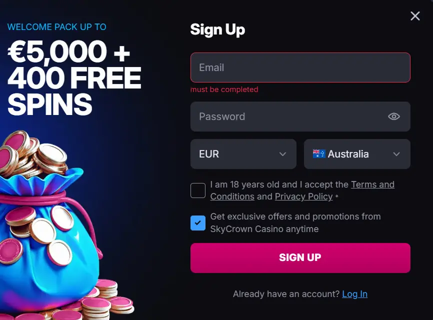 Skycrown Casino registration form for creating an account and receiving the welcome bonus.