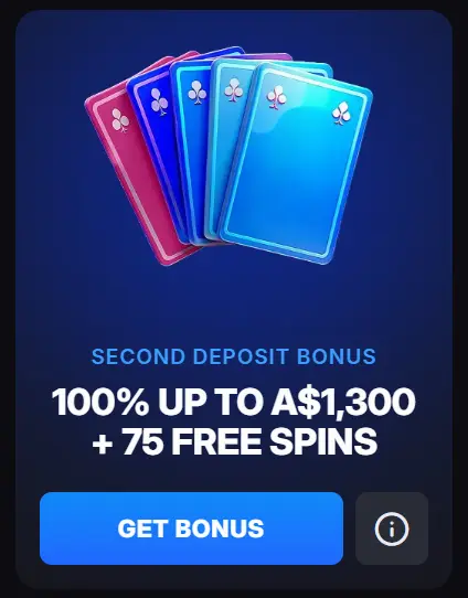 Second deposit bonus offer of 100% up to A$1,300 plus 75 free spins.