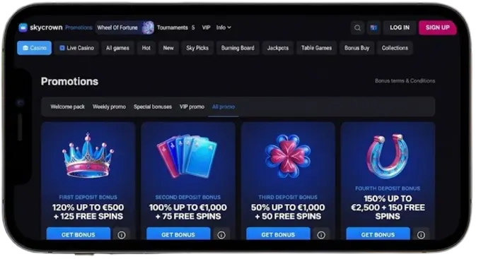 Mobile view of Skycrown Casino promotions page showing the welcome bonus package offers.